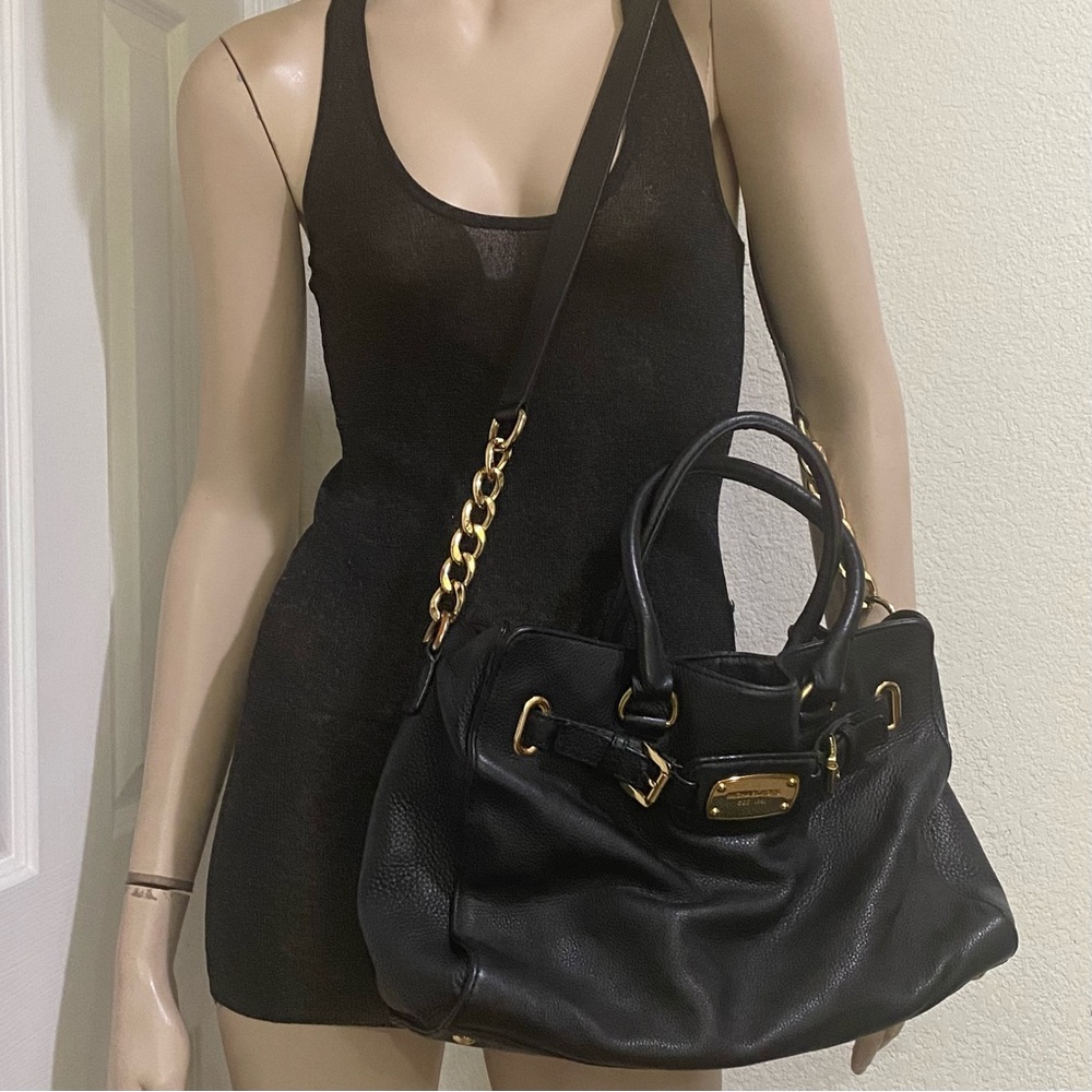 MICHAEL Michael Kors Hamilton Large Black Pebbled Leather Satchel Shoulder Bag